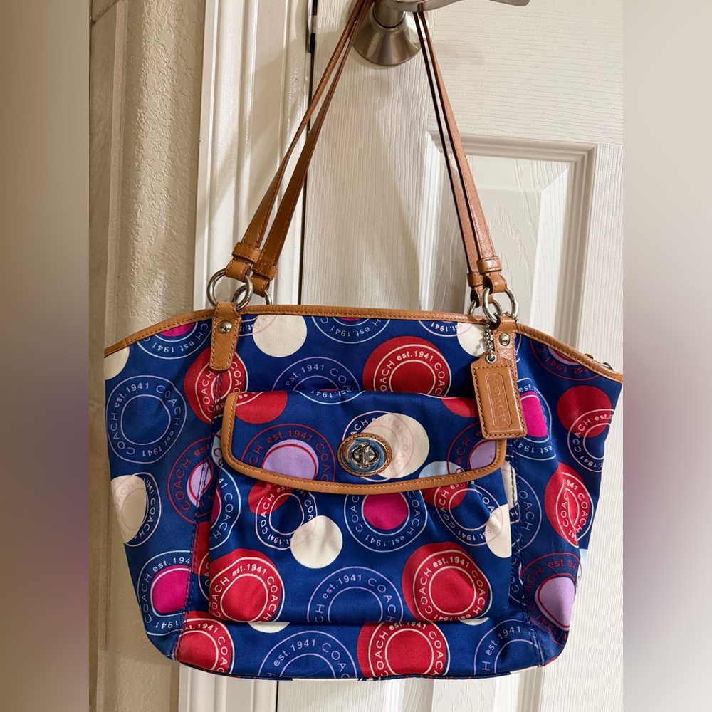 COACH Polka Dot Leah F14667 Blue White Red Shoulder Handbag Purse